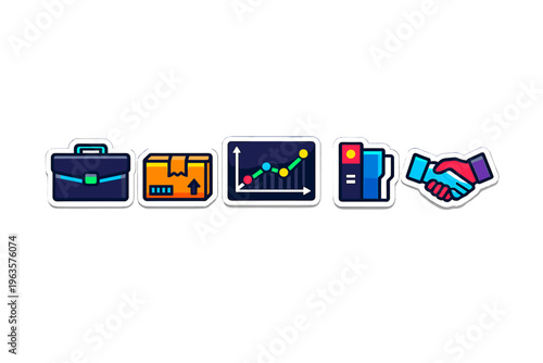Business icons represent various aspects of trade and commerce in a simple graphic layout showing key elements of business operations