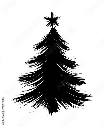Black Silhouette Christmas Tree with Star Brush Stroke Texture White Background
