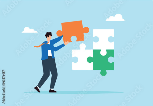 Flat illustration of businessman complete last missing jigsaw puzzle piece to solve business problem