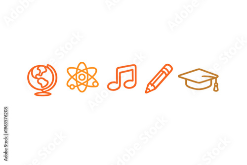 Education symbols include a globe, atom, music note, pencil, and graduation cap to represent different areas of learning and achievement