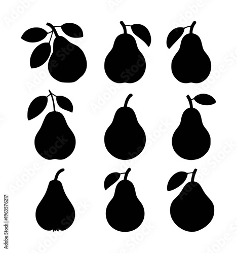 Collection of Black Pear Silhouettes with Leaves White Background fruit