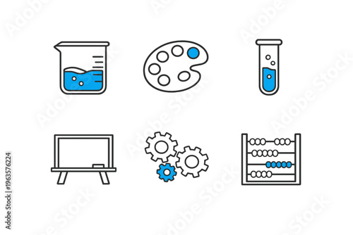 Science and art tools arranged on a plain background with beakers, palettes, test tubes, gears, and an abacus shown together