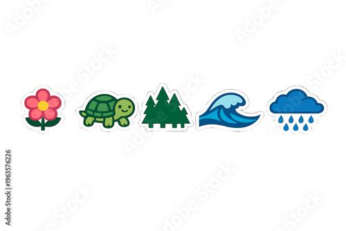 Colorful icons show nature elements including a flower, a turtle, trees, waves, and rain representing different weather and environments