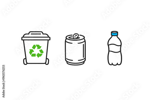 Recycling bin, aluminum can, and plastic bottle set against a white background