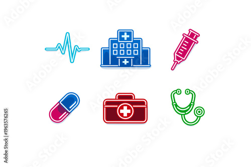 Medical symbols include a hospital, syringe, pill, first aid kit, stethoscope, and heart rate line in bright colors on a white background