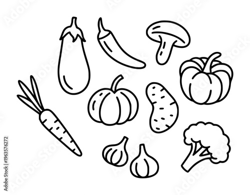 Collection of Hand Drawn Line Vegetables Isolated White Background food healthy