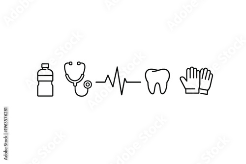 Health icons show the connection between hydration, medical care, dental hygiene, and personal protection in daily life