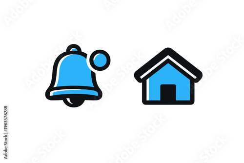 Two simple icons showing a bell and a house on a plain background, representing notification and home settings in a digital context