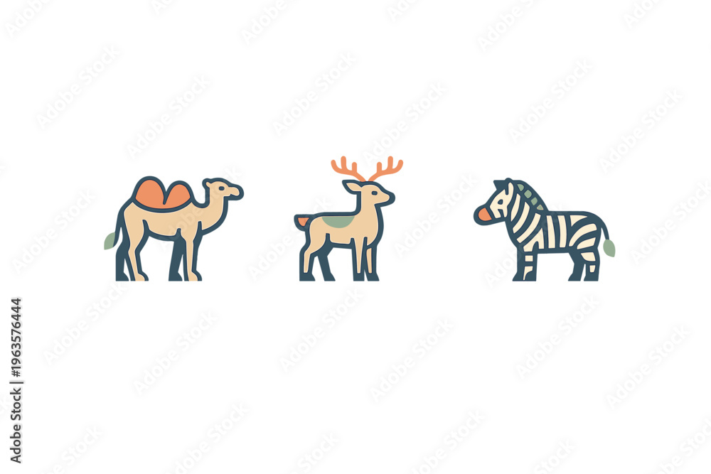 Naklejka premium Different animals stand together in a simple style showing a camel, a deer, and a zebra in plain colors and shapes