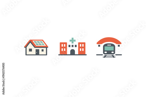 Icons showing a house with solar panels, a hospital building, and a train station set in a simple layout during daylight hours