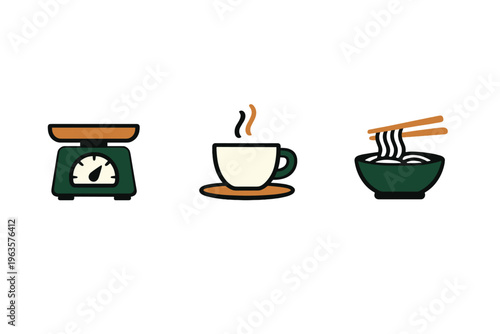 Kitchen tools for preparing drinks and food at home during morning time or lunchtime with weighing scale, coffee cup, and bowl of noodles