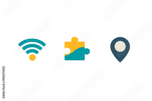 Network, puzzle, and location icons displayed together showing connectivity and problem solving in a digital environment