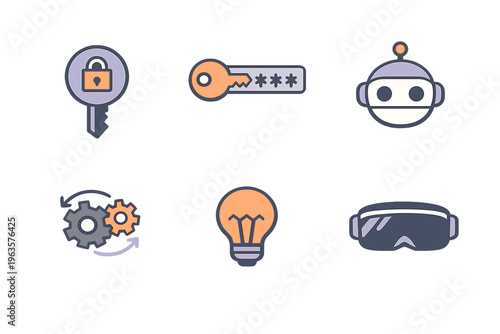Collection of icons showing concepts related to security, technology, and innovation in a simple design style