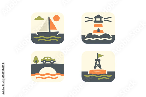 Sailing, driving, and lighthouses in a coastal scene with boats and a bridge at sunset