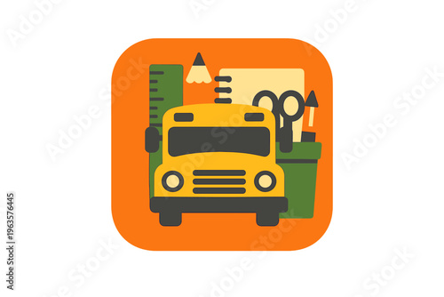 School bus surrounded by school supplies on bright orange background shows back to school theme in playful design