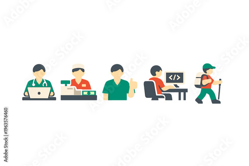Group of people in different jobs showing work life in various settings throughout the day
