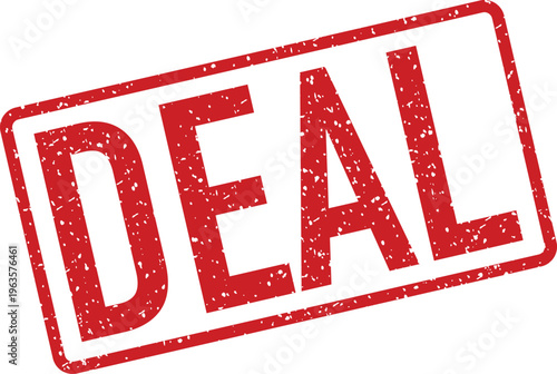 A red rectangular grungy rubber stamp prominently features the impactful word DEAL on a simple white background