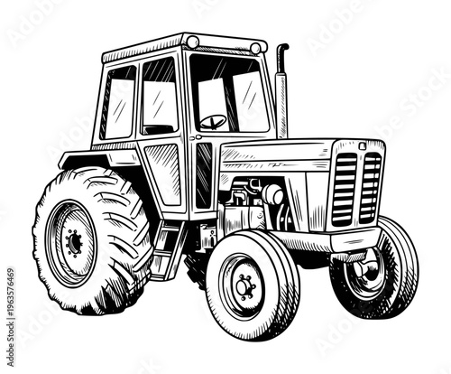 Detailed black and white of a farm tractor with large rear wheels and a cab agriculture