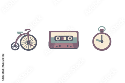Illustration of a bicycle, cassette tape, and stopwatch showing different objects and themes linked to leisure and time