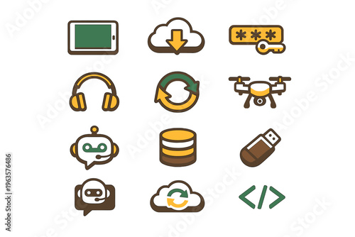 Digital icons showing technology tools, devices, and symbols of data management and communication in a grid layout with bright colors