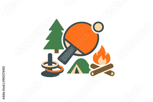 Outdoor activities include camping, ping pong, and campfire fun in a natural setting with trees and a tent during daytime