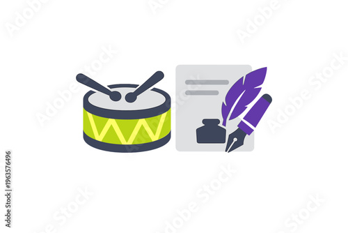 Drum and pen rest on a surface as a creative mind works on music and lyrics in an indoor space at a given time