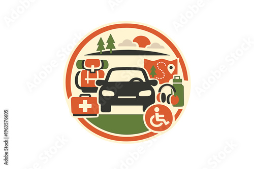 Travel icons show car, first aid kit, travel gear, and accessible symbol in nature scene with sunset and hills in background