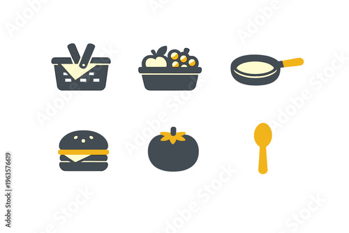 Different types of food and kitchen items displayed on a simple background with clear shapes