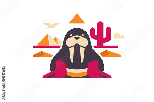 Walrus sitting in a desert landscape with mountains, a cactus, and birds in the background during a bright day