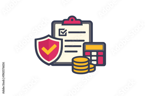 Graphic showing financial planning with clipboard, calculator, coins, and shield in a simple design