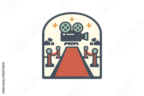 Red carpet event with a film camera and lights at a movie premiere location in a city