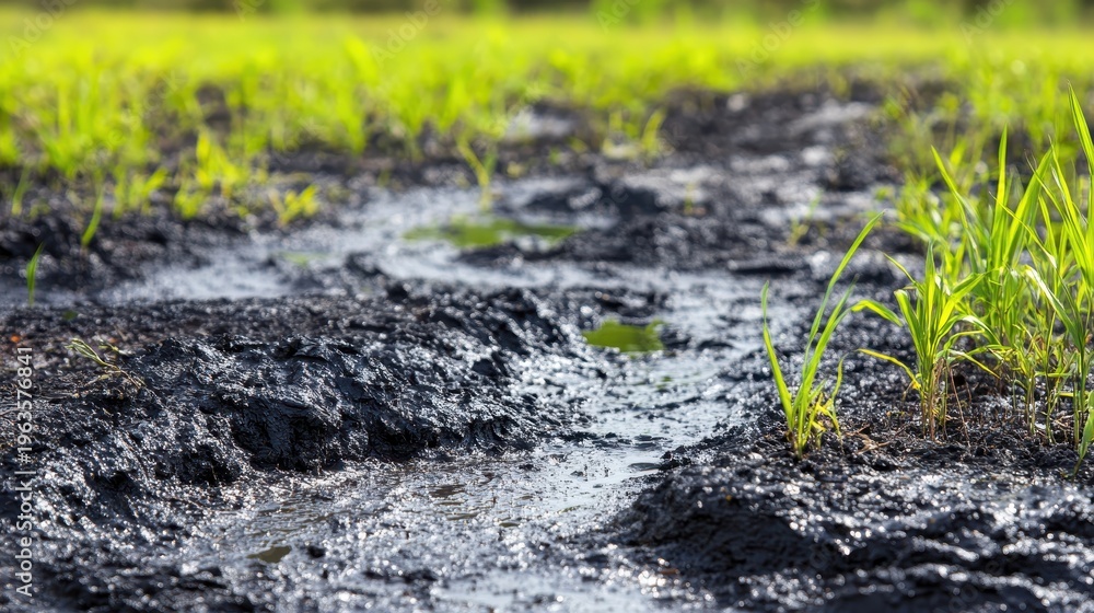 Fototapeta premium Muddy agricultural field with affected crops and visible chemical runoff under natural daylight