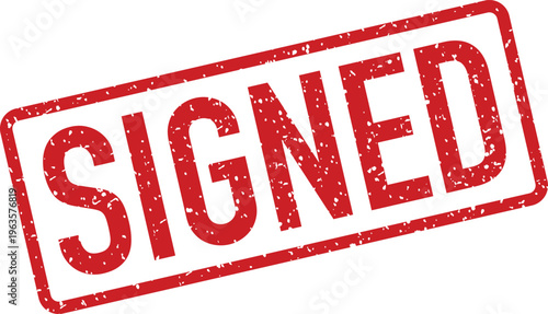 A red rectangular rubber stamp displays the word SIGNED prominently on a plain white background