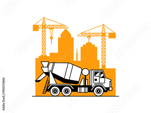 Orange construction site silhouette with concrete mixer truck and cranes against city skyline