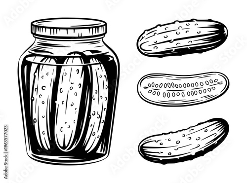 Vintage style of a glass jar filled with pickles and separate whole and sliced pickles