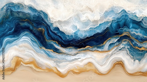 Abstract ocean wave textures with flowing blue, white, and gold accents rolling onto a sandy shore