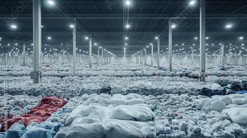 Vast retail warehouse filled with mountains of unsold goods illustrating consumerism and overproduction