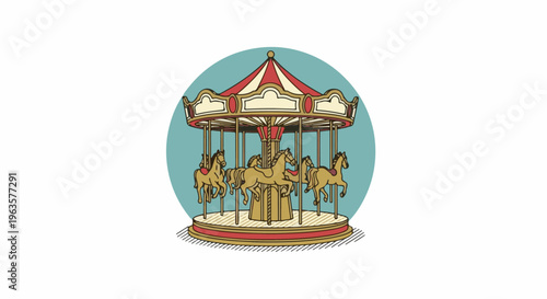 A colorful carousel with golden horses in motion, under a festive canopy