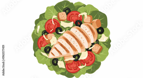 A fresh salad with grilled chicken, tomatoes, olives, and croutons