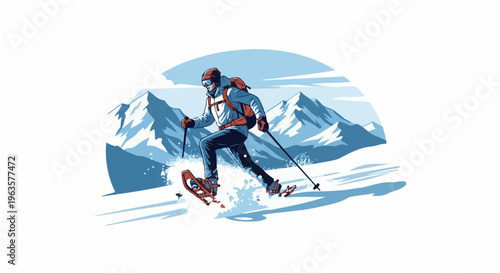 A person snowshoeing down a snowy mountain slope with poles