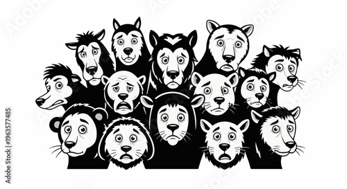 A multitude of cartoon animals express distress and worry