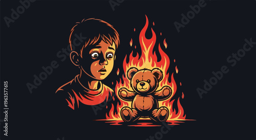 A shocked child watches his teddy bear engulfed in flames, surrounded by darkness