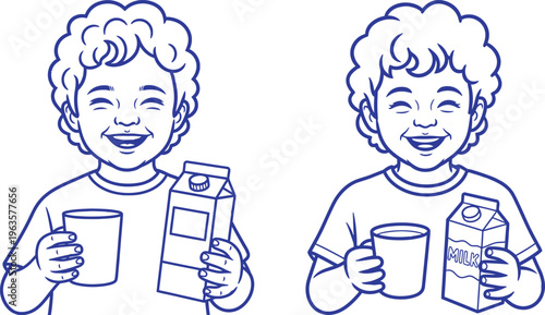 Cartoon boy enjoying milk from a glass and carton