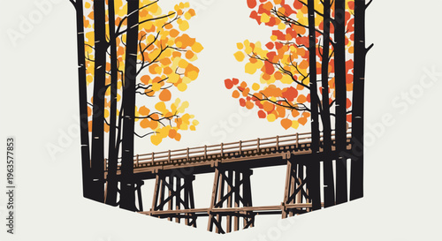 Wooden bridge passes through trees with autumn leaves