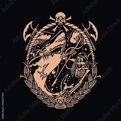 sharks hunter tattoo vector design