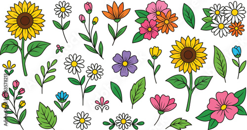 Cute Hand Drawn Flower Doodle Vector Set with Sunflowers, Daisies, and Colorful Floral Elements for Spring Design, Botanical Illustration, and Decorative Projects