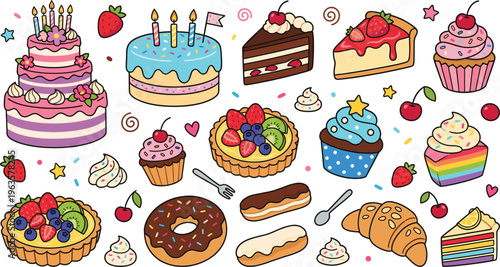 Cute Dessert Vector Set with Cakes Cupcakes Donuts Croissants Eclairs and Fruit Tarts Featuring Sweet Bakery Treats for Menu Design Cafe Branding and Illustration