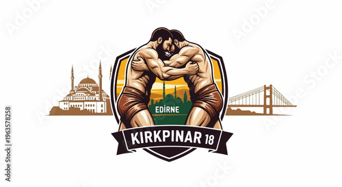 Two muscular wrestlers grappling in a competition emblem with city landmarks