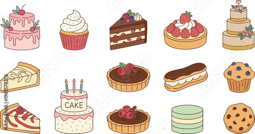 Dessert and Cake Vector Set with Cupcakes Strawberry Tart Chocolate Cake Eclair Muffin and Sweet Bakery Treats for Menu Design Cafe and Celebration Illustration