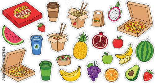 Fast Food and Fruit Vector Icon Set with Pizza Noodles Coffee Takeaway Drinks and Fresh Fruits for Delivery Menu Design and Healthy Lifestyle Illustration